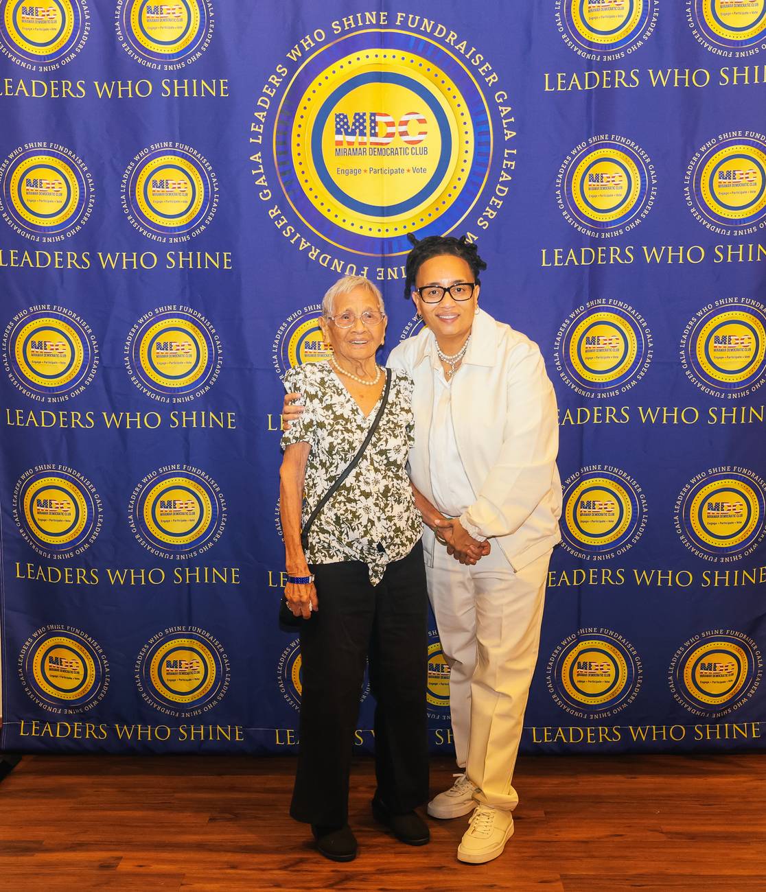 Miramar's oldest resident standing proudly with MDC President Donna Hinds at the Leaders Who Shine Gala