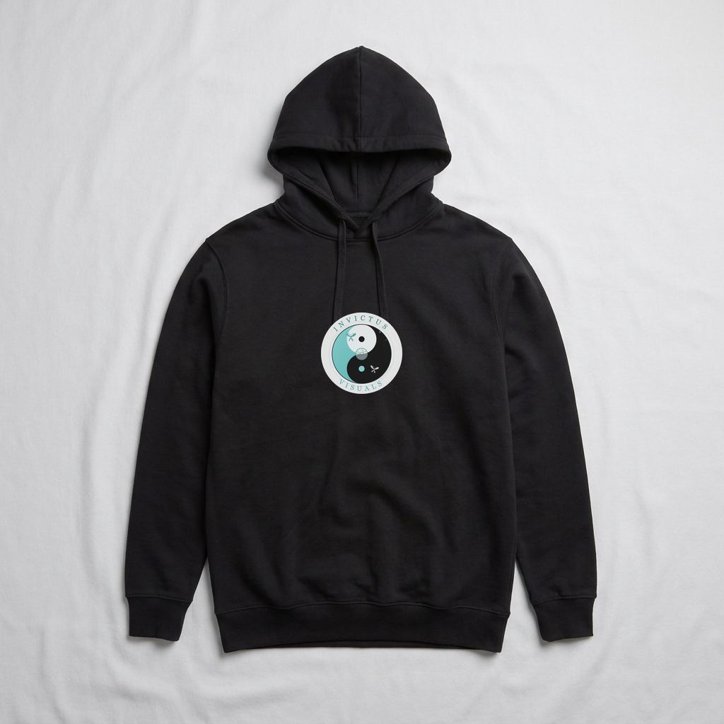 Black pullover hoodie mockup with the Invictus Visuals emblem on the chest