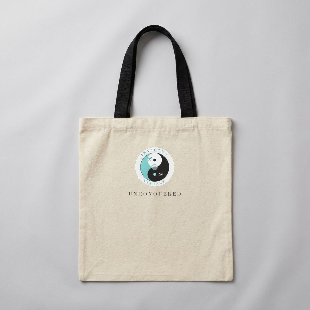 Natural canvas tote mockup with the Invictus Visuals emblem and UNCONQUERED in ink