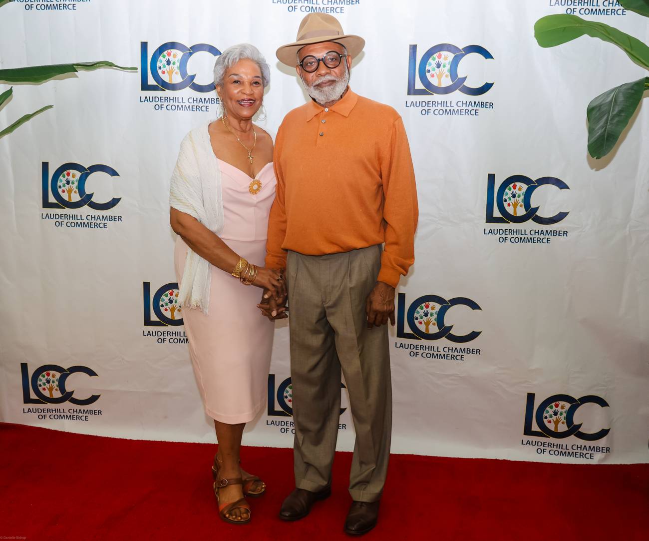 An elegant couple on the red carpet at a community gala