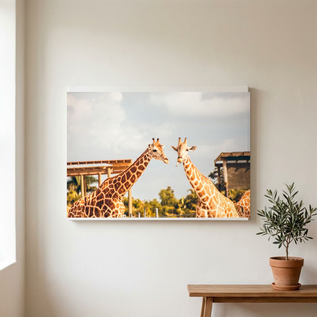 Canvas print mockup of two giraffes at golden hour, hanging on a clean wall above a wooden console